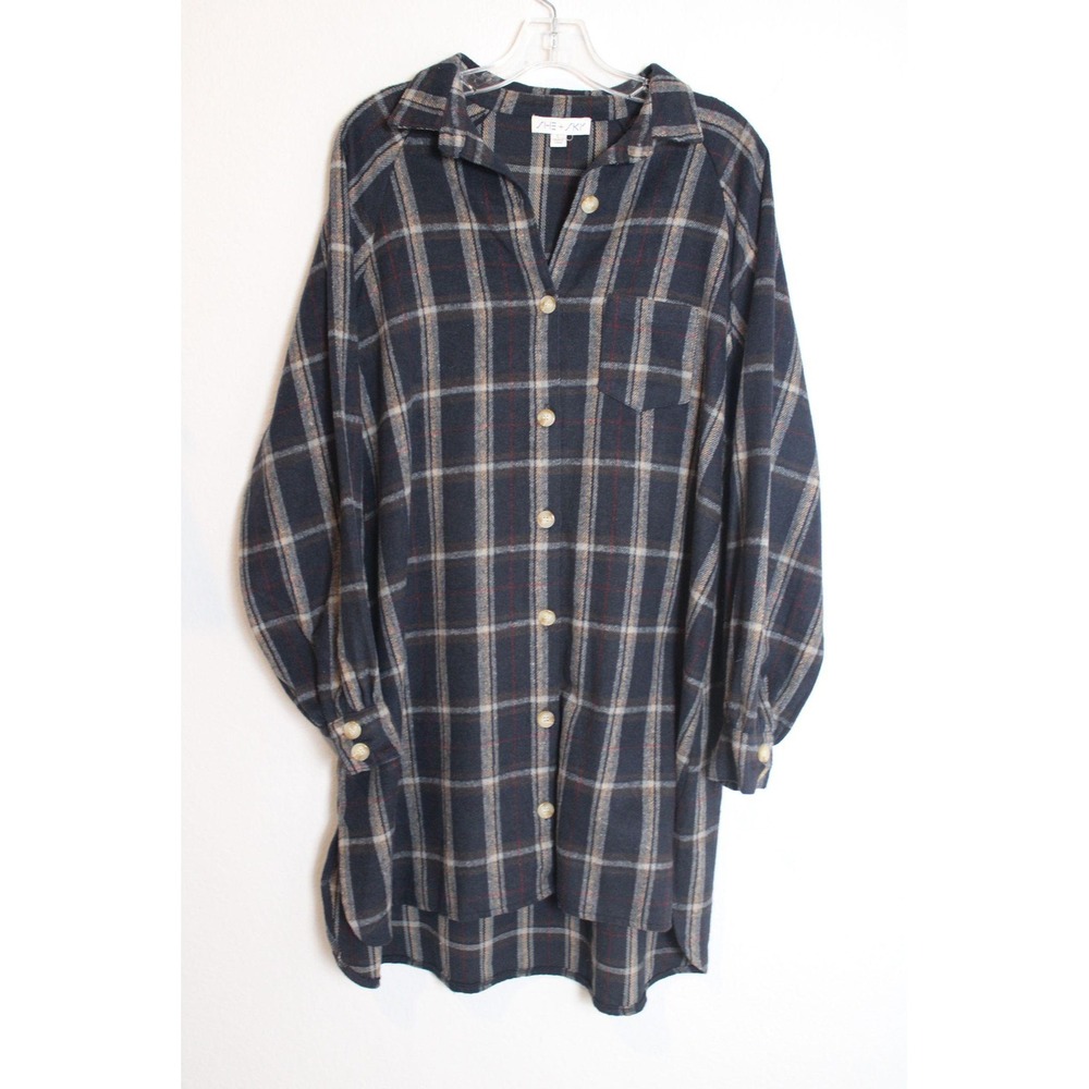 She + Sky Plaid Flannel Shirt Dress Button Down Long Sleeve Casual L Wool blend‎